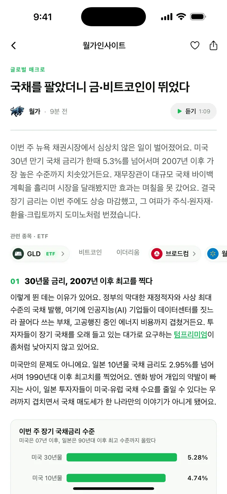 bloom x 앱 월가인사이트 기사 — 상단에 듣기 버튼, 아래로 요약과 차트가 이어지는 화면